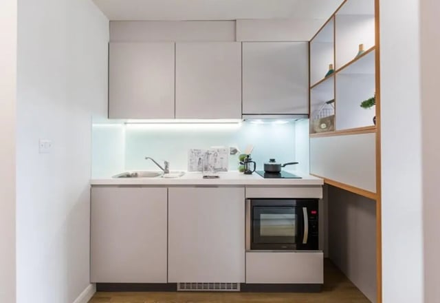 Modern student studio kitchen with sink microwave kitchen at Stoneworks in Brighton Student Accommodation