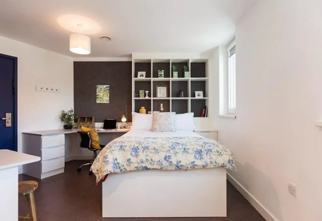 Bed desk shelves and chair bedroom at Vogue Studios in Brighton Student Accommodation