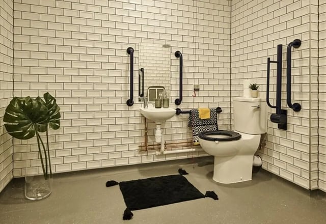 Accessible bathroom with toilet sink grab bars and plant bathroom at The Spireworks in Oxford Student Accommodation