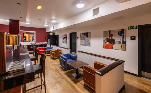 Coffee machine bar area with lounge seating living room at Bauhaus Student Langstane Place in Aberdeen Student Accommodation