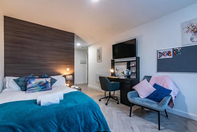 Bed desk chair and TV bedroom at Broadgate House Student Living in Nottingham Student Accommodation