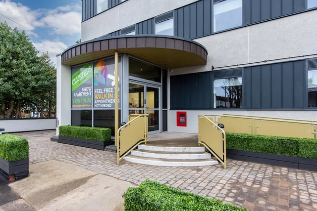 Entrance with glass doors stairs and signage exterior at Broadgate House Student Living in Nottingham Student Accommodation