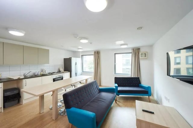 Kitchen with two sofas and a television living room at The Railyard Cambridge in Cambridge Student Accommodation