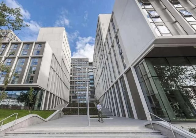 Modern student accommodation buildings with large windows exterior at CitySide in Leeds Student Accommodation
