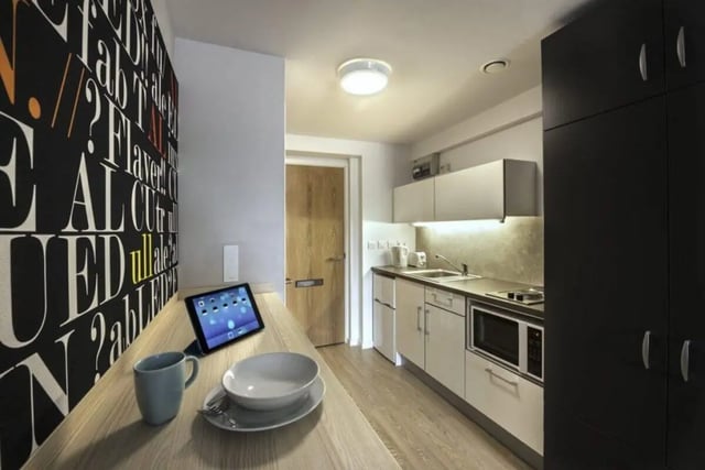 Tablet mug bowl and kitchen counter kitchen at The Electra in Liverpool Student Accommodation