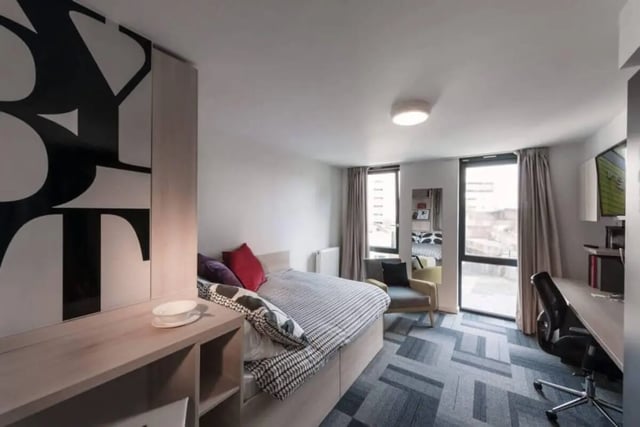 Bed wardrobe chair desk TV desk bedroom at The View - Newcastle in Newcastle Upon Tyne Student Accommodation