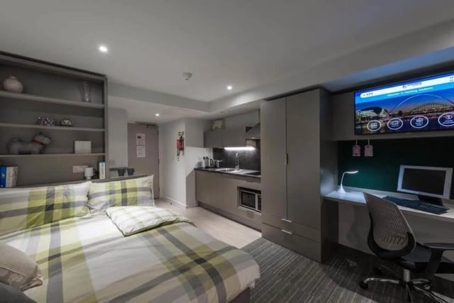 Bed kitchen desk TV and storage studio apartment at Verde in Newcastle Upon Tyne Student Accommodation