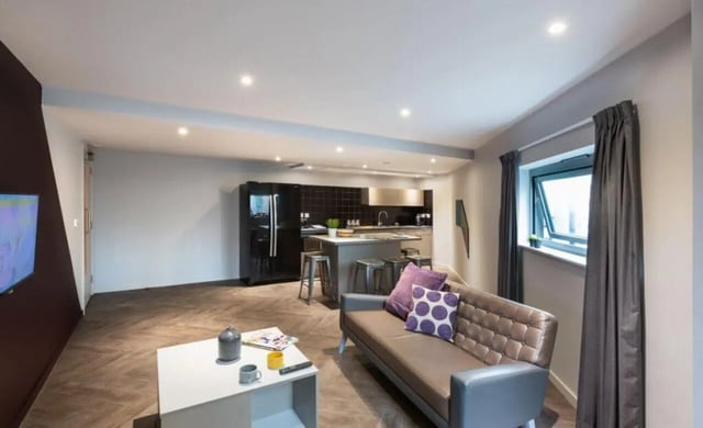 Sofa kitchen island fridge coffee table living room at Verde in Newcastle Upon Tyne Student Accommodation