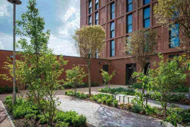 Courtyard with trees and benches exterior at City Village in Coventry Student Accommodation