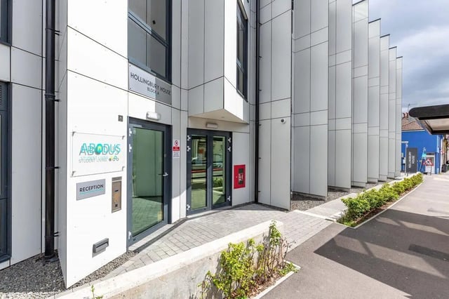 Student accommodation entrance with Abodus sign exterior at Newton Court in Newcastle Upon Tyne Student Accommodation