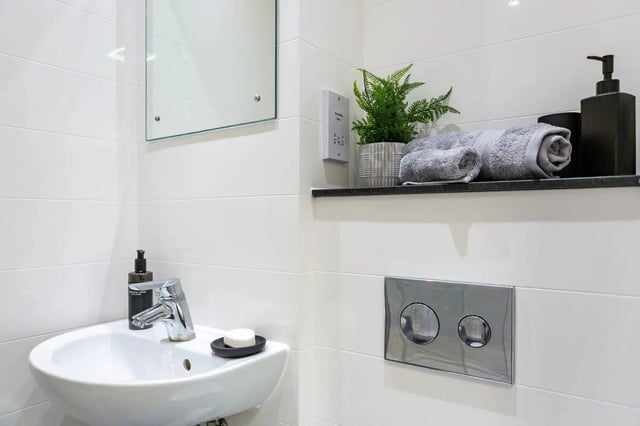Sink soap dispenser mirror towels plant bathroom at Newton Court in Newcastle Upon Tyne Student Accommodation