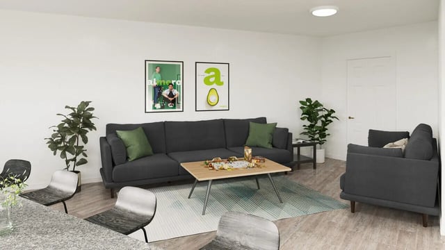 Dark sofa coffee table two plants artwork living room at New North Road in Exeter Student Accommodation