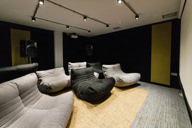 Beanbag chairs and sofas projector and speakers Movie room at Quayside Court in Newcastle Upon Tyne Student Accommodation