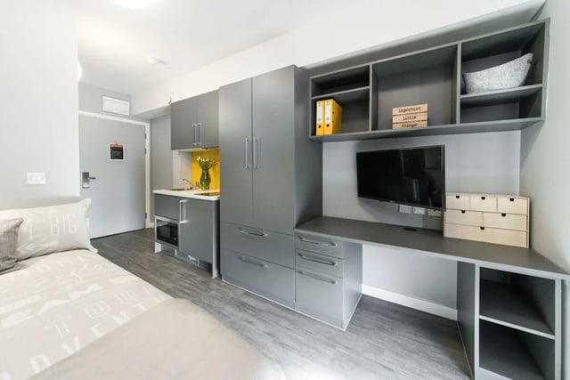 Bed study area kitchen living room exterior at Quayside Court in Newcastle Upon Tyne Student Accommodation