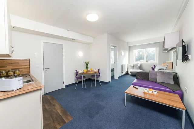 Kitchen dining area and living room studio at Quayside Court in Newcastle Upon Tyne Student Accommodation