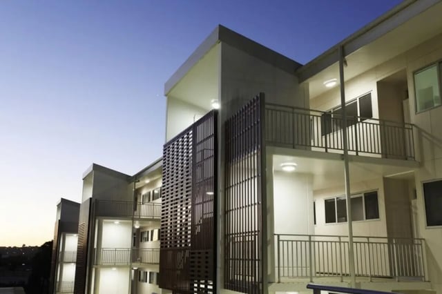 Modern apartments with balconies and exterior walkways exterior at Murdoch University Village in Perth Student Accommodation