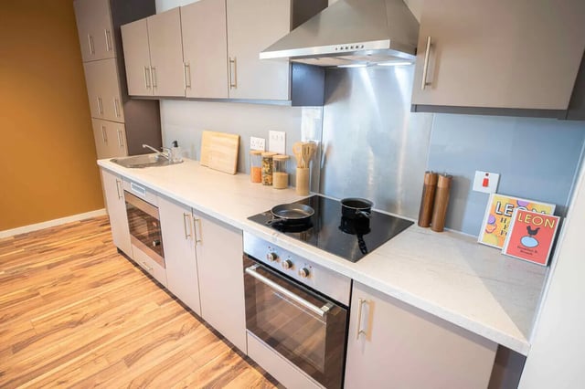 Modern student kitchen with appliances and cabinets kitchen at Hox Park in Egham Student Accommodation