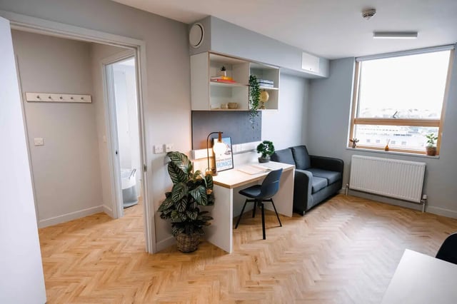 Desk couch plants and shelves living room at The Depot in Bath Student Accommodation