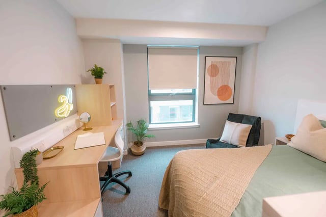Desk neon plant artwork and bed bedroom at Base in Glasgow Student Accommodation