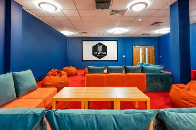 Beanbag chairs sofas projection screen common room at Newton House Glasgow in Glasgow Student Accommodation