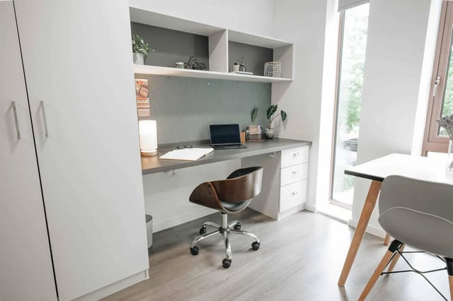 Desk with laptop chair and storage study area at Alma Court in Canterbury Student Accommodation