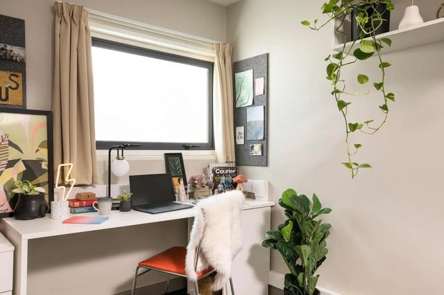 Desk with laptop plants and chair study area at Exchange Works in Sheffield Student Accommodation