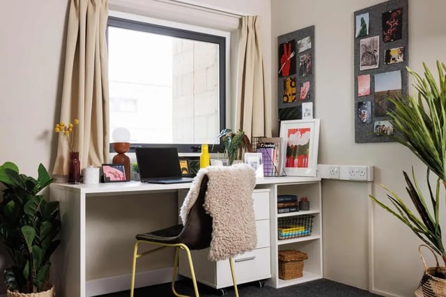 Desk with laptop plants and shelves study area at Exchange Works in Sheffield Student Accommodation