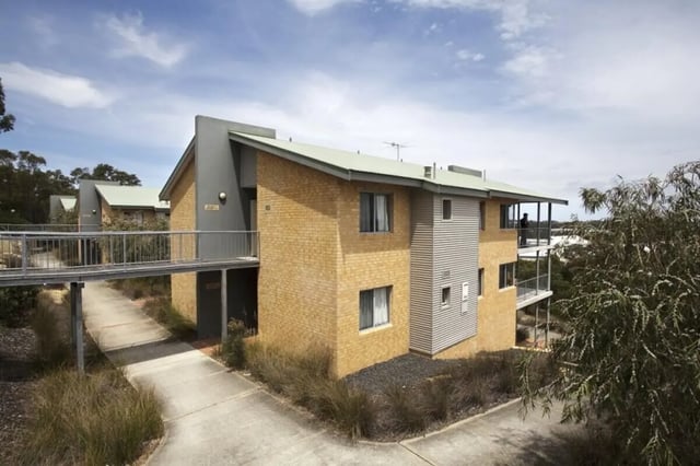 Student accommodation buildings with walkways and balconies exterior at ECU Village Bunbury in Bunbury Student Accommodation