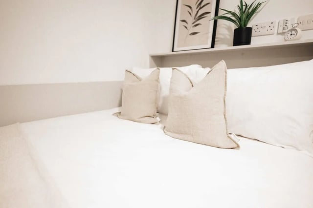 Bed with beige cushions and plant art bedroom at Market House in Newcastle Upon Tyne Student Accommodation