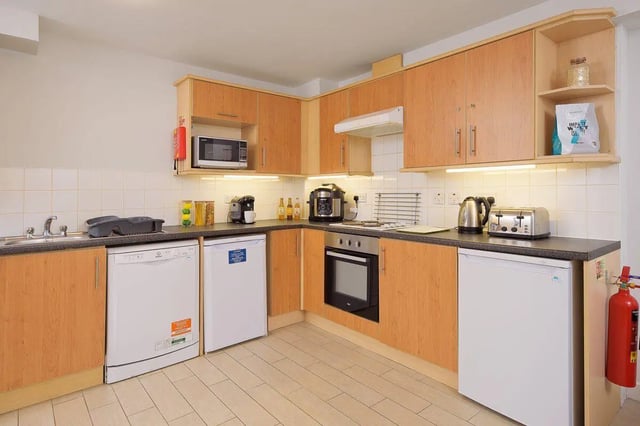 Appliances cabinets microwave sink dishwasher oven kitchen at Keiller Court in Dundee Student Accommodation