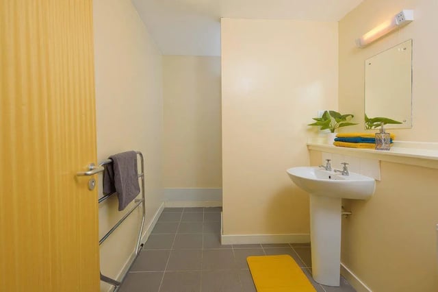 Sink towels rack plant and mirror bathroom at Keiller Court in Dundee Student Accommodation