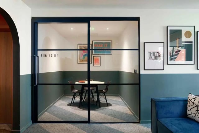 Glass door private study with table chairs art study area at St Teresa House in Plymouth Student Accommodation