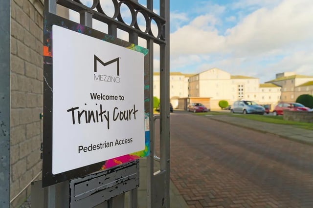 Sign welcomes to Trinity Court exterior at Trinity Court in Aberdeen Student Accommodation