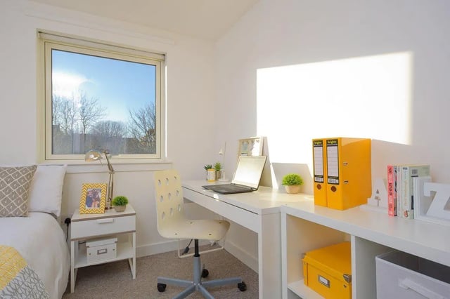 Bed desk lamp laptop chair storage bedroom at King Street 403 in Aberdeen Student Accommodation