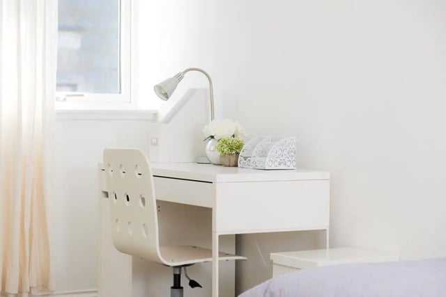 White desk with chair lamp and organizers study area at Linksfield in Aberdeen Student Accommodation