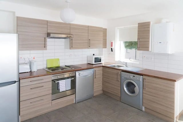 Modern student kitchen with appliances and cabinets kitchen at Linksfield in Aberdeen Student Accommodation