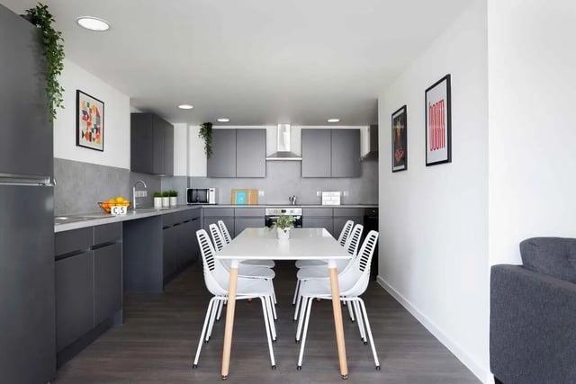 Modern grey kitchen with white chairs dining table kitchen at Edinburgh Westfield in Edinburgh Student Accommodation