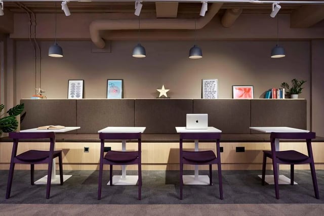 Four purple chairs and tables study area at Edinburgh Gorgie in Edinburgh Student Accommodation