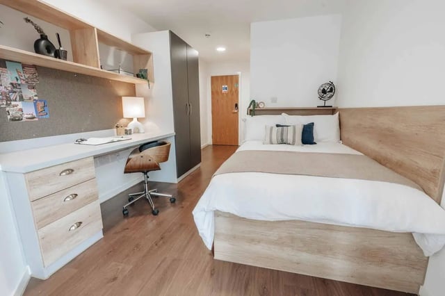 Desk bed wardrobe and shelves bedroom at Bailey Fields -Sheffield in Sheffield Student Accommodation