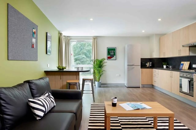 Black sofa with striped pillow kitchen area living room at Saw Mill in Huddersfield Student Accommodation