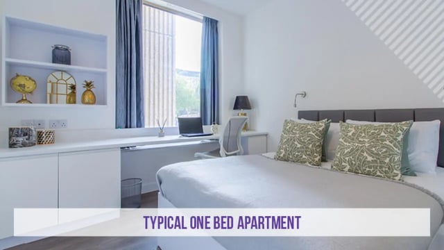 Bed desk and shelves bedroom interior at Kensington House in Birmingham Student Accommodation