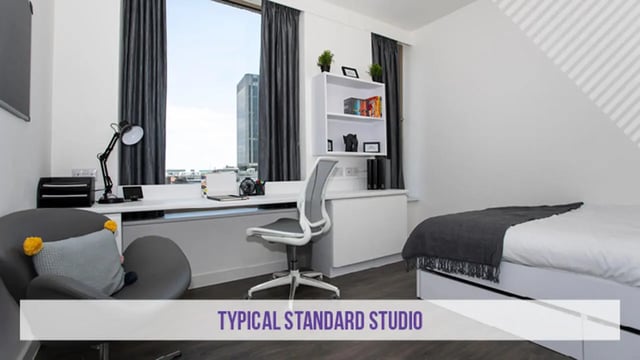 Desk chair bed shelf window bedroom study area at Kensington House in Birmingham Student Accommodation