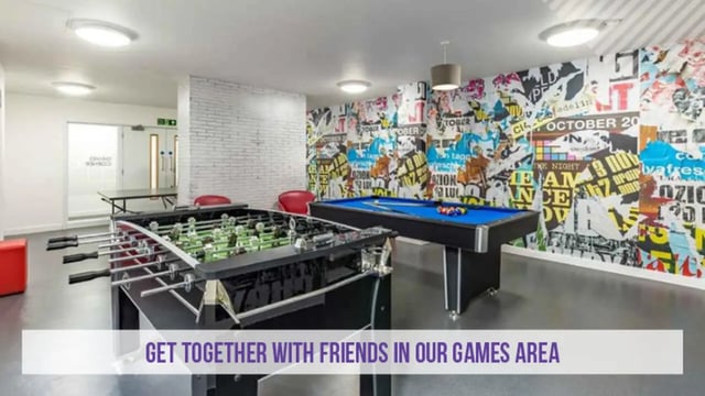 Foosball and pool tables games area. at Kensington House in Birmingham Student Accommodation
