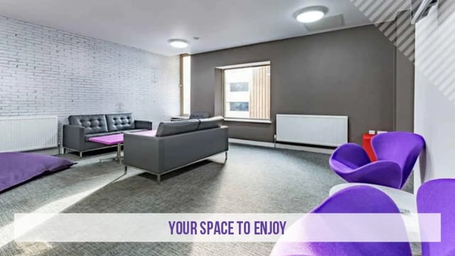 Grey sofas purple beanbag pink coffee table living room at Kensington House in Birmingham Student Accommodation