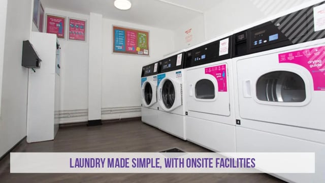 Washing machines and dryers lined up Laundry Room at Kensington House in Birmingham Student Accommodation