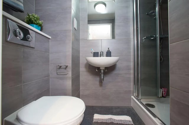 Toilet sink shower with toiletries and plant bathroom at Northgate Point in Chester Student Accommodation