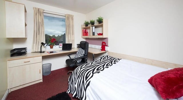 Bed desk chair and window bedroom at Q3 Apartments in Manchester Student Accommodation