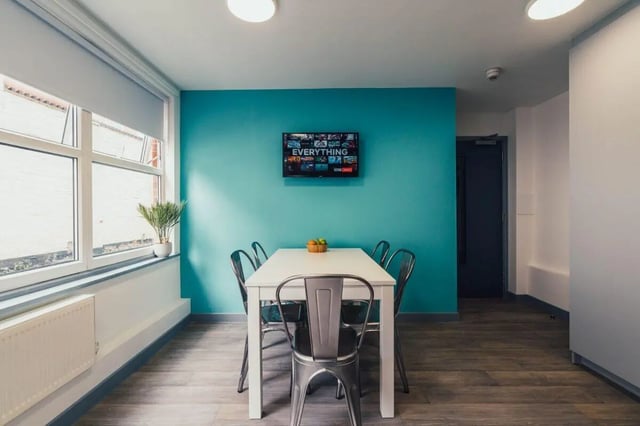 Table chairs television plant window dining area at Pennine House Leicester in Leicester Student Accommodation
