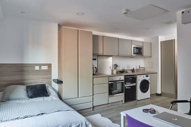 Bed kitchen appliances washer dryer studio at Coppergate Swansea in Swansea Student Accommodation