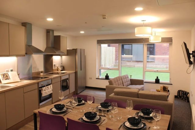 Kitchen dining area with sofa and window. at Coppergate Swansea in Swansea Student Accommodation